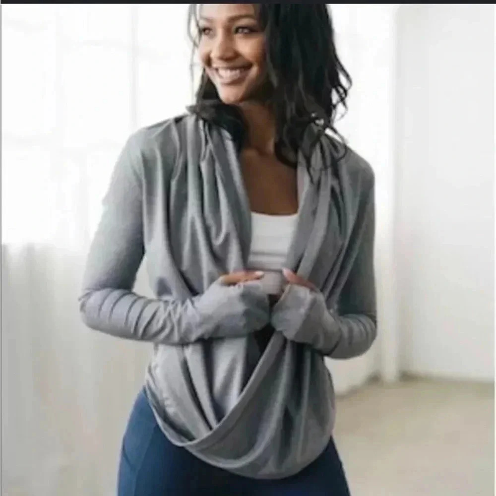 ZYIA Active Haze Yoga Shawl Wrap Hooded Top Pullover Grey White
